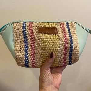 Cueropapel & Tijera Brown  multicolored straw / leather cosmetic bag   NWOT